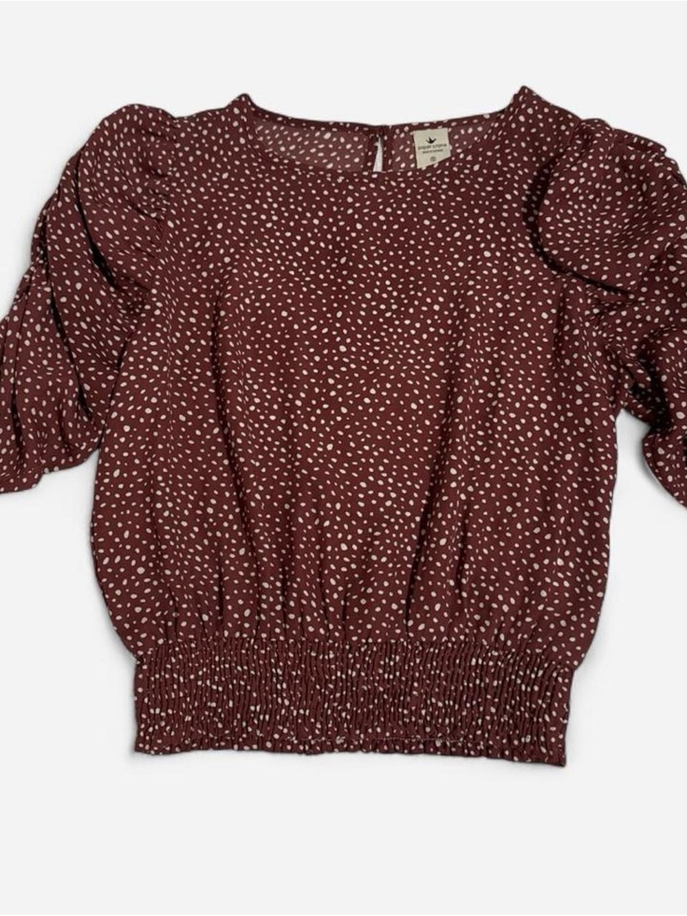 Paper Crane Wine Dot Puff-Sleeve Top